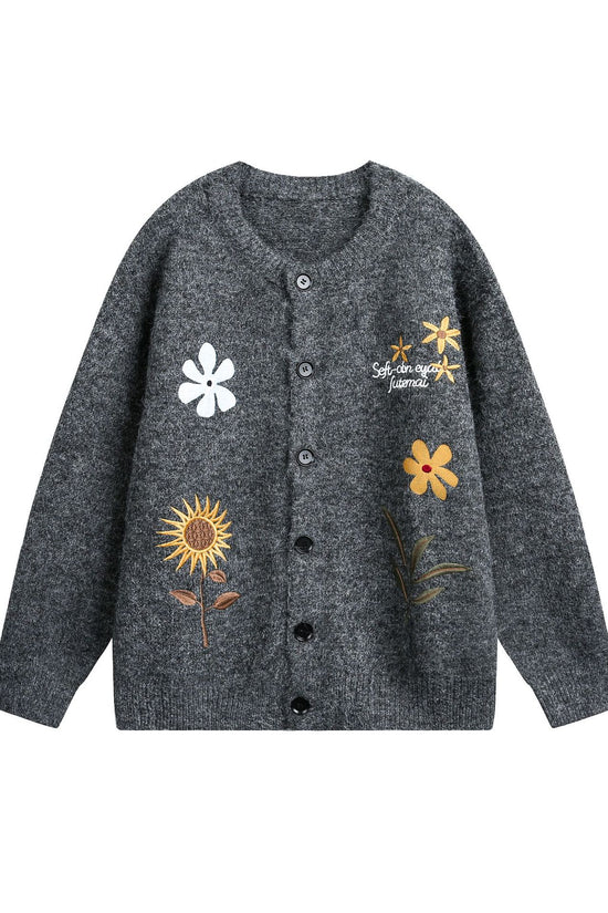 Retro Preppy Style Floral Embroidery Cardigan Sweater 