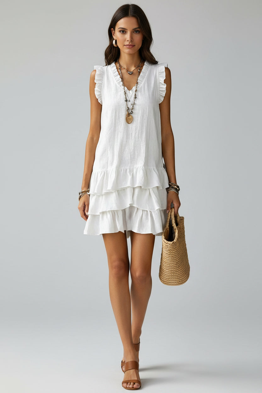 Women's Casual V-Neck Ruffle-Trim Sleeveless Dress 