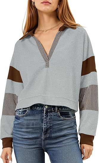 Color‑Block Cropped Polo V‑Neck Sweatshirt CJ US