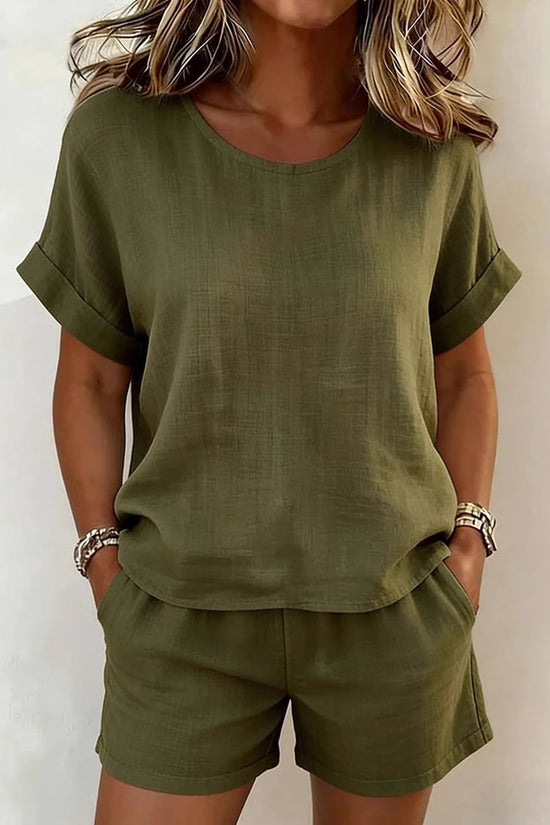 Solid-color Casual Round-neck Short-sleeve Shorts Two-piece Set 