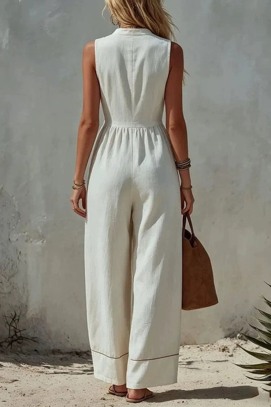Womens Sleeveless Casual Loose Cotton-Linen Wide-Leg Jumpsuit 