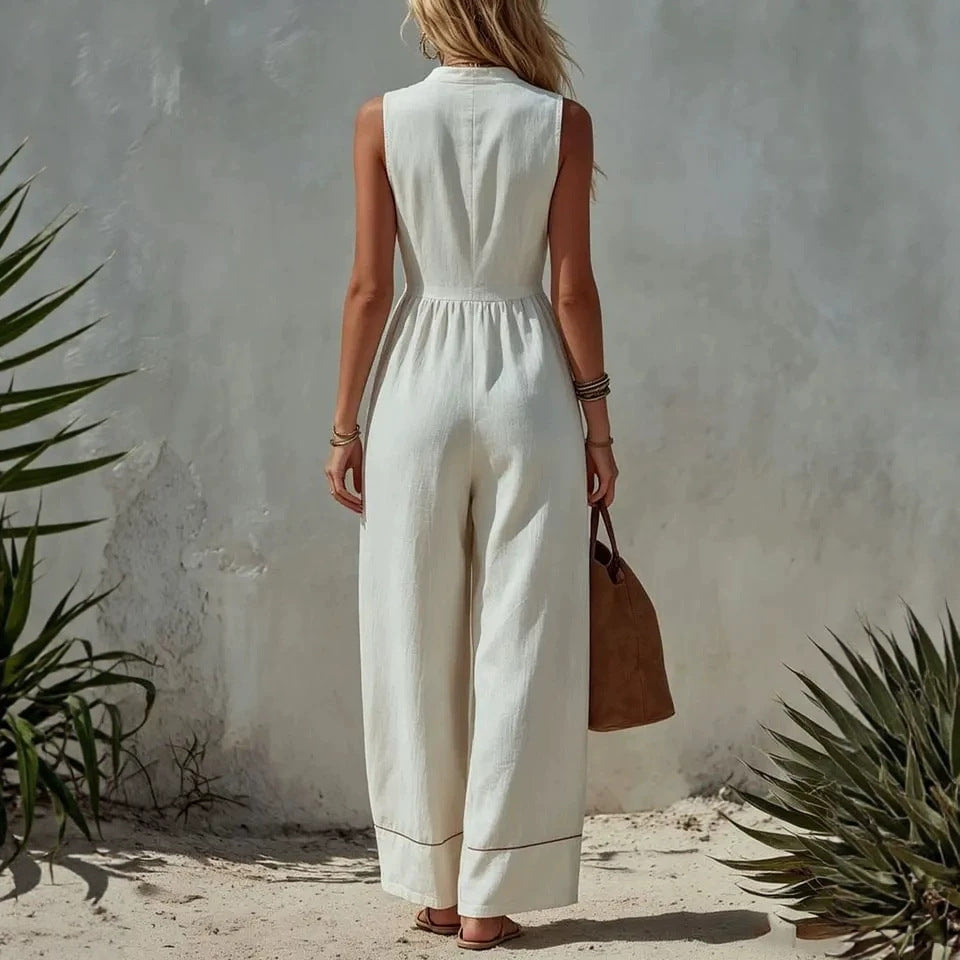 Womens Sleeveless Casual Loose Cotton-Linen Wide-Leg Jumpsuit 