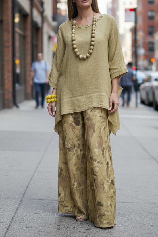 Womens Casual Cotton-Linen Irregular Top And Wide-Leg Pants Set 