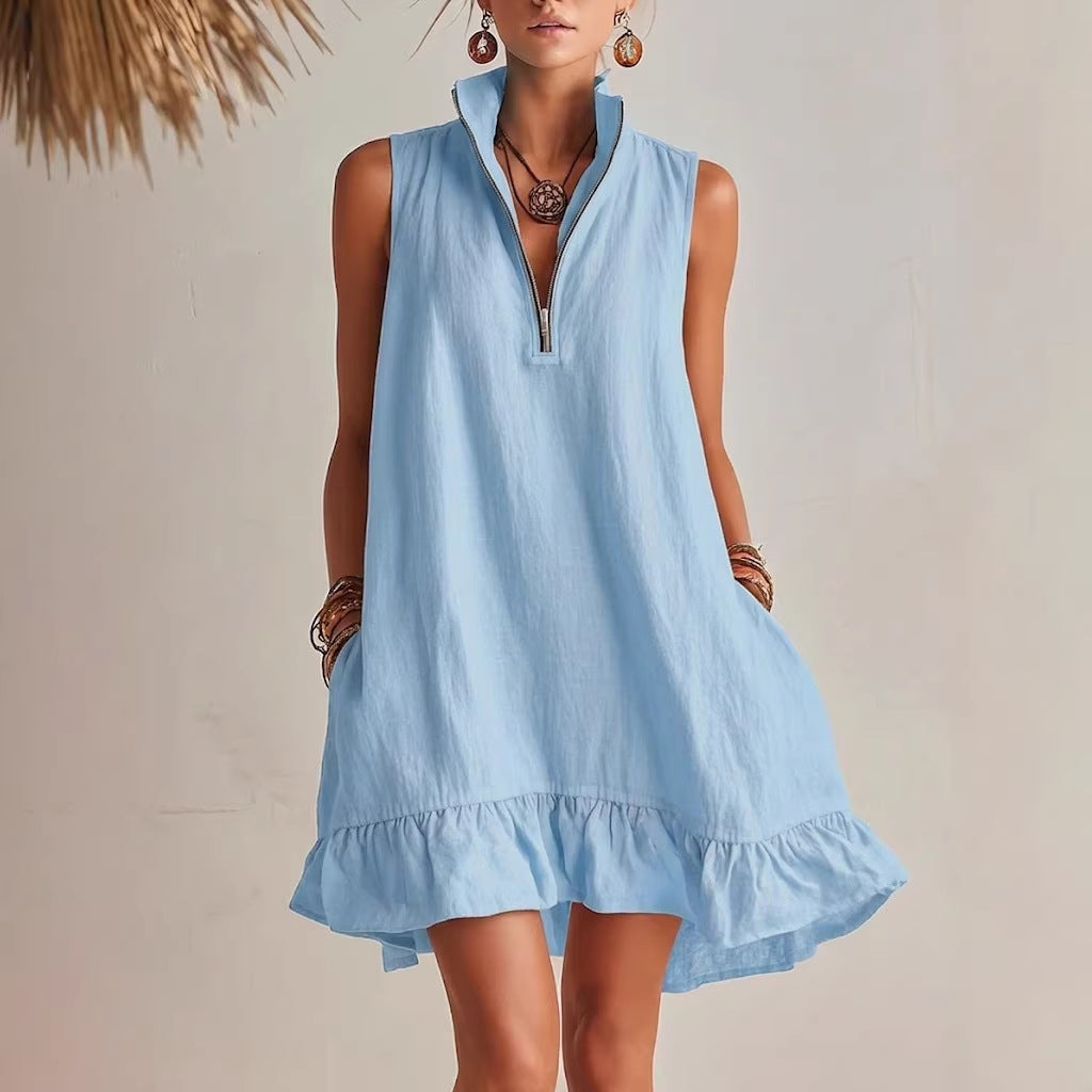 New Stylish Casual Loose Half-Zip Sleeveless Dress With Ruffle Hem 