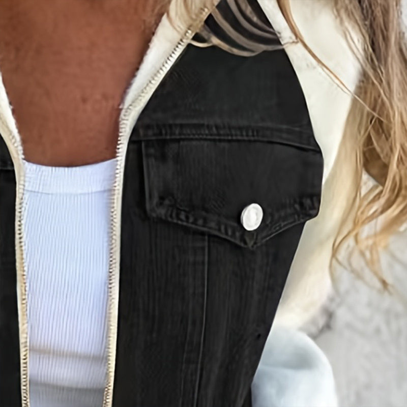 Women's Denim Patchwork Zip-Up Jacket Stand Collar Casual Coat With Button-Decorated Flap Pockets Fall Winter Fashion Outerwear CJ US