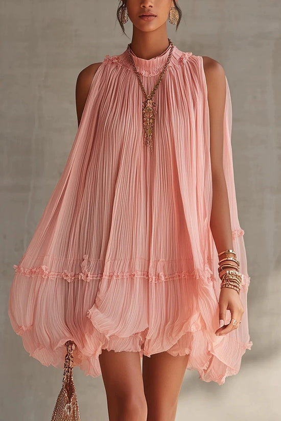 Sleeveless Pleated Mini Dress for Women, Loose A-Line Skirt with Ruffled Hem, Gathered Pleats, Casual Vacation Style, Flared Silhouette, Sweet Baby Doll Dress 