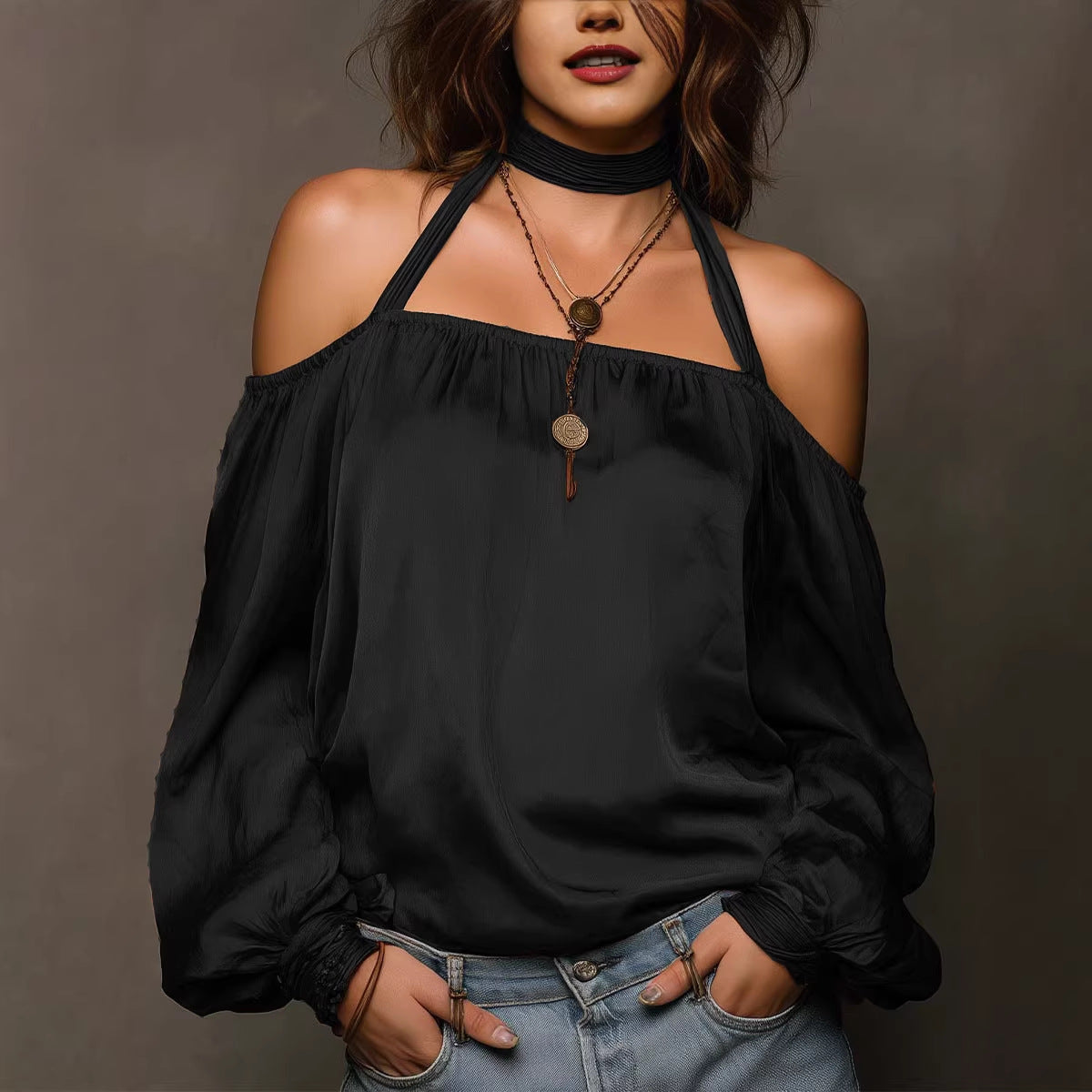Chic Shoulder-Baring Matte Satin Blouse for Women Fashion Top 