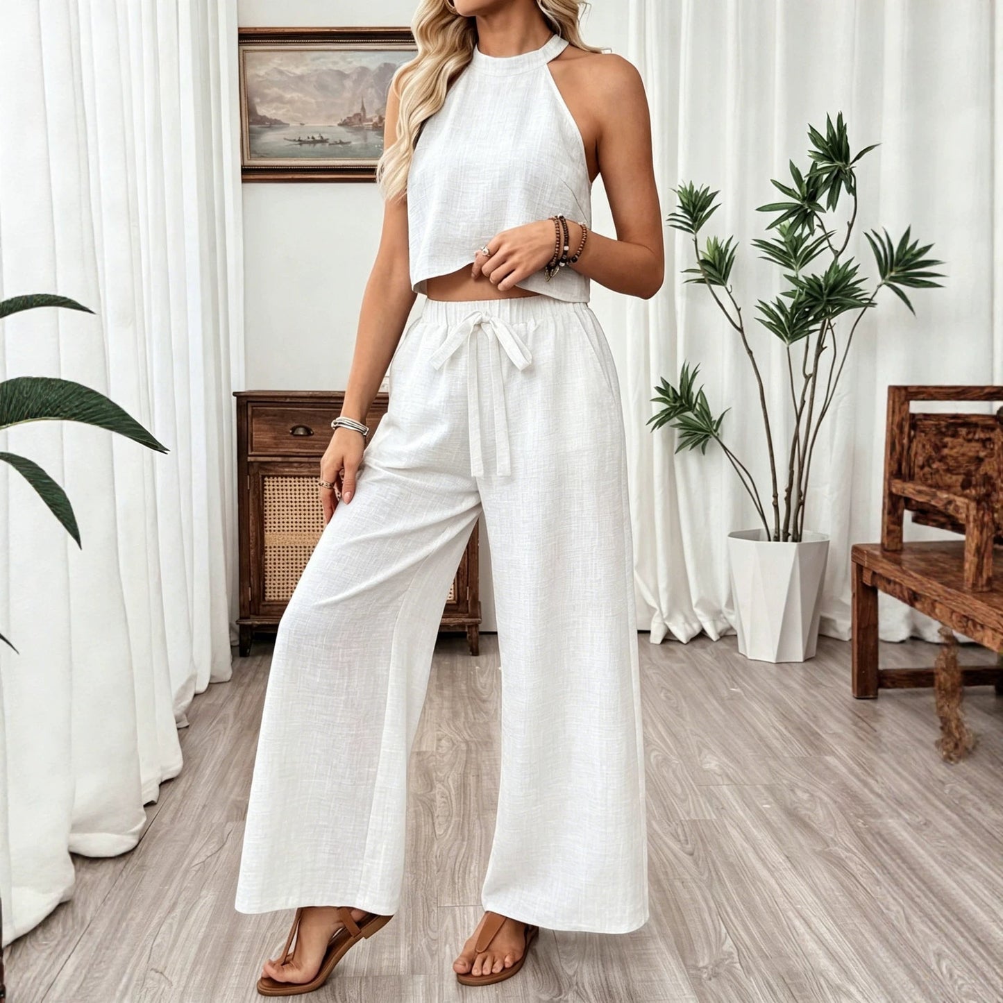 Neck-hanging Sleeveless Cropped Top And Wide-leg Pants Set 