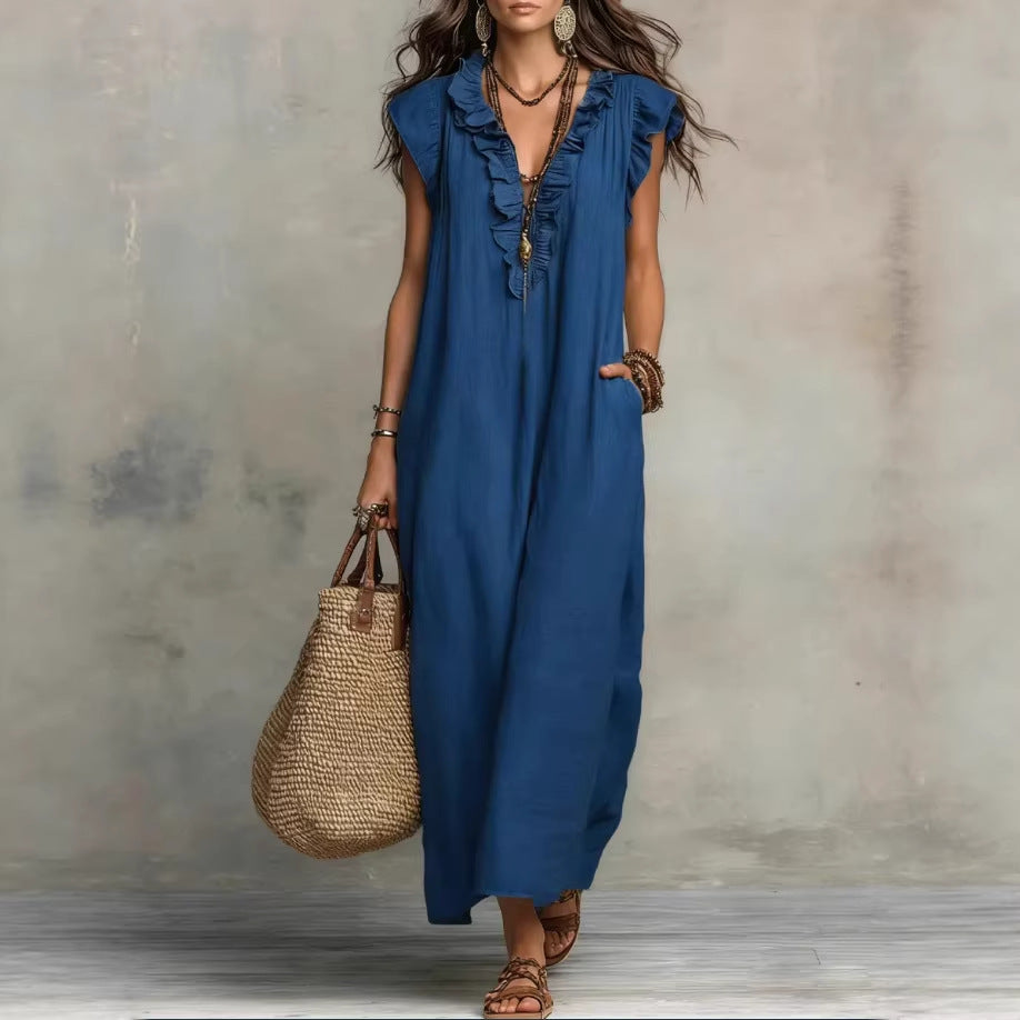 Women's Spring Summer Pocket Ruffle Elegant Dress 