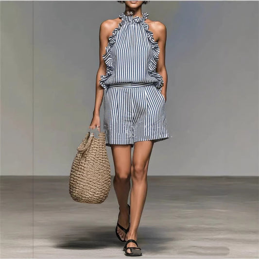 Striped Print Stand Collar Sleeveless Loose Top And Shorts Set 