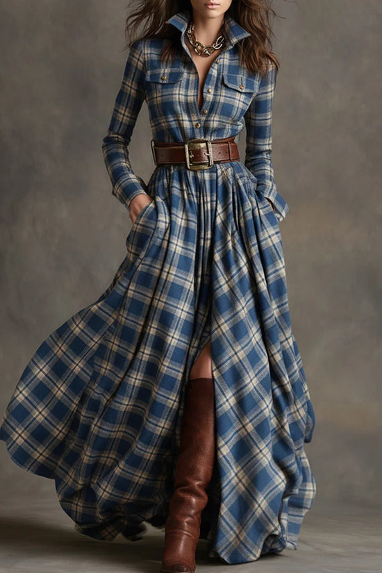 Ins Plaid Print Long-Sleeved Dress Fashion Pockets Collared Buttons Shirt Long Dresses Retro Women's Clothing 