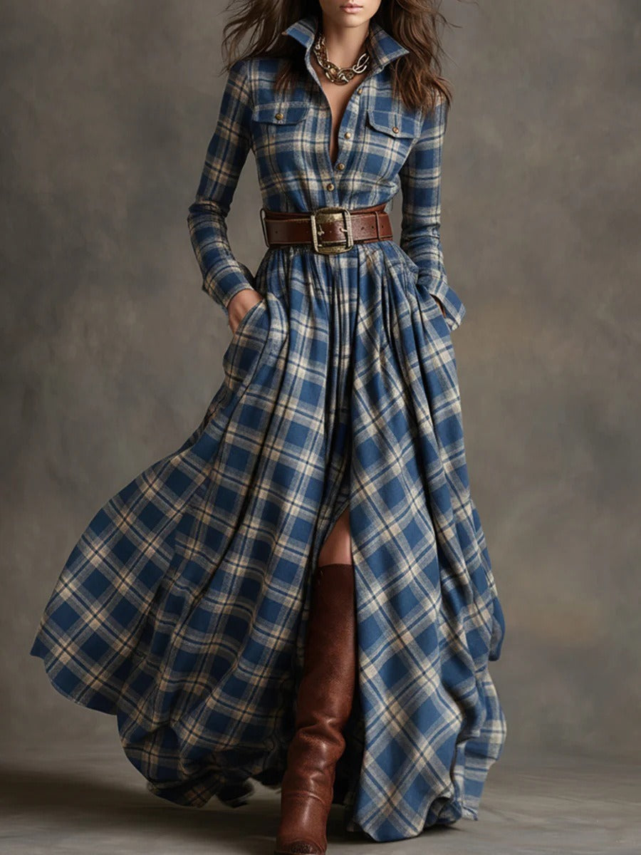 Ins Plaid Print Long-Sleeved Dress Fashion Pockets Collared Buttons Shirt Long Dresses Retro Women's Clothing 