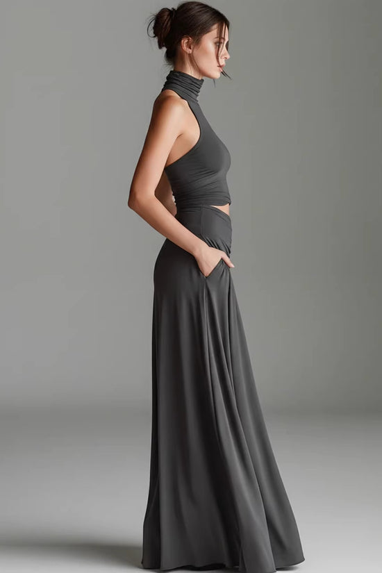 Style Sleeveless High Neck Top with Elegant Long Dress Two-Piece Set