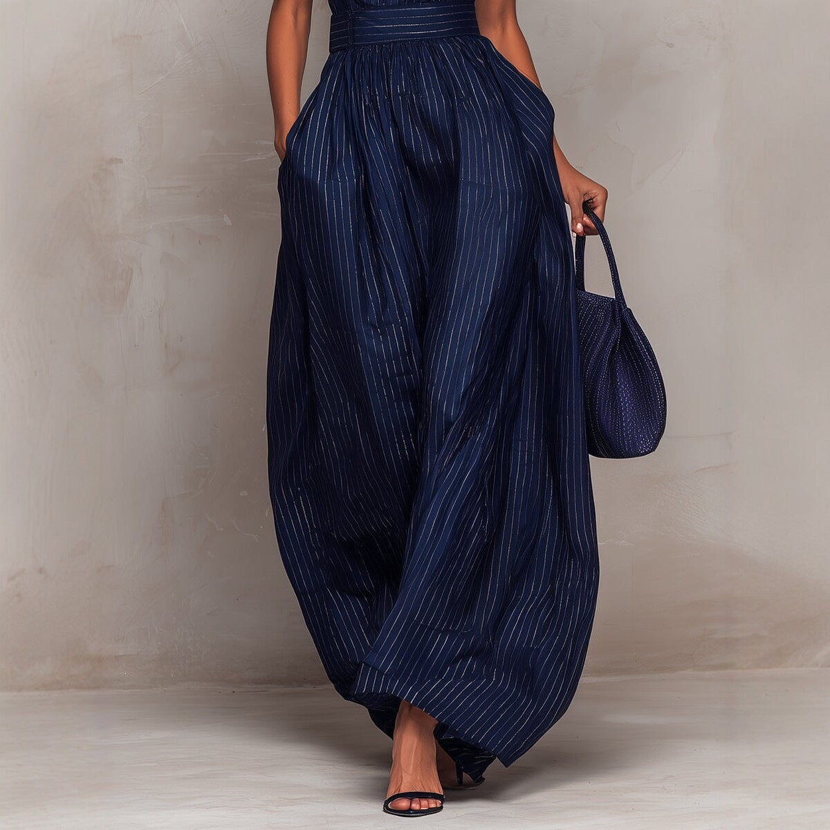 Deep blue striped sleeveless waist cinched wide leg jumpsuit 