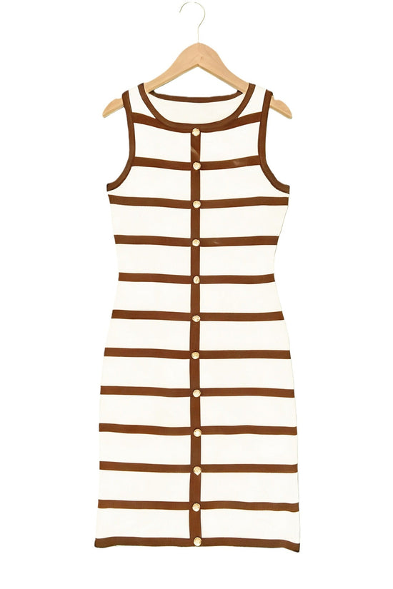 Contrast-color Striped Sleeveless Crew-neck Single-breasted Dress 