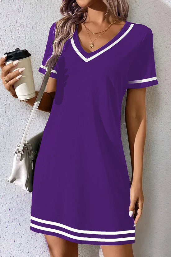 V-neck Fashionable And Elegant Contrast-color Short-sleeve Dress 