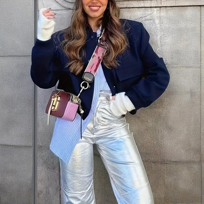 Women's Solid Color Long Sleeve Baseball Jacket With Button Front & Pockets - Casual Short Jacket For Spring&Fall Diversi Fashion™