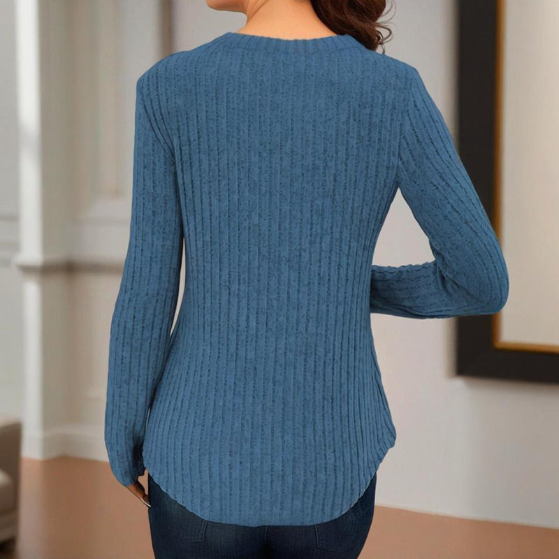 Women's Solid Color Button V-Neck Long Sleeve Knit Top - Casual Comfort Blouse For Spring&Fall CJ US