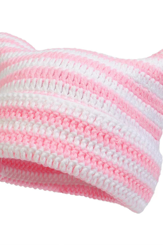 Women’s Hand Knitted Striped Cat Hat – Cute Warm Winter Beanie - FitiqueFit