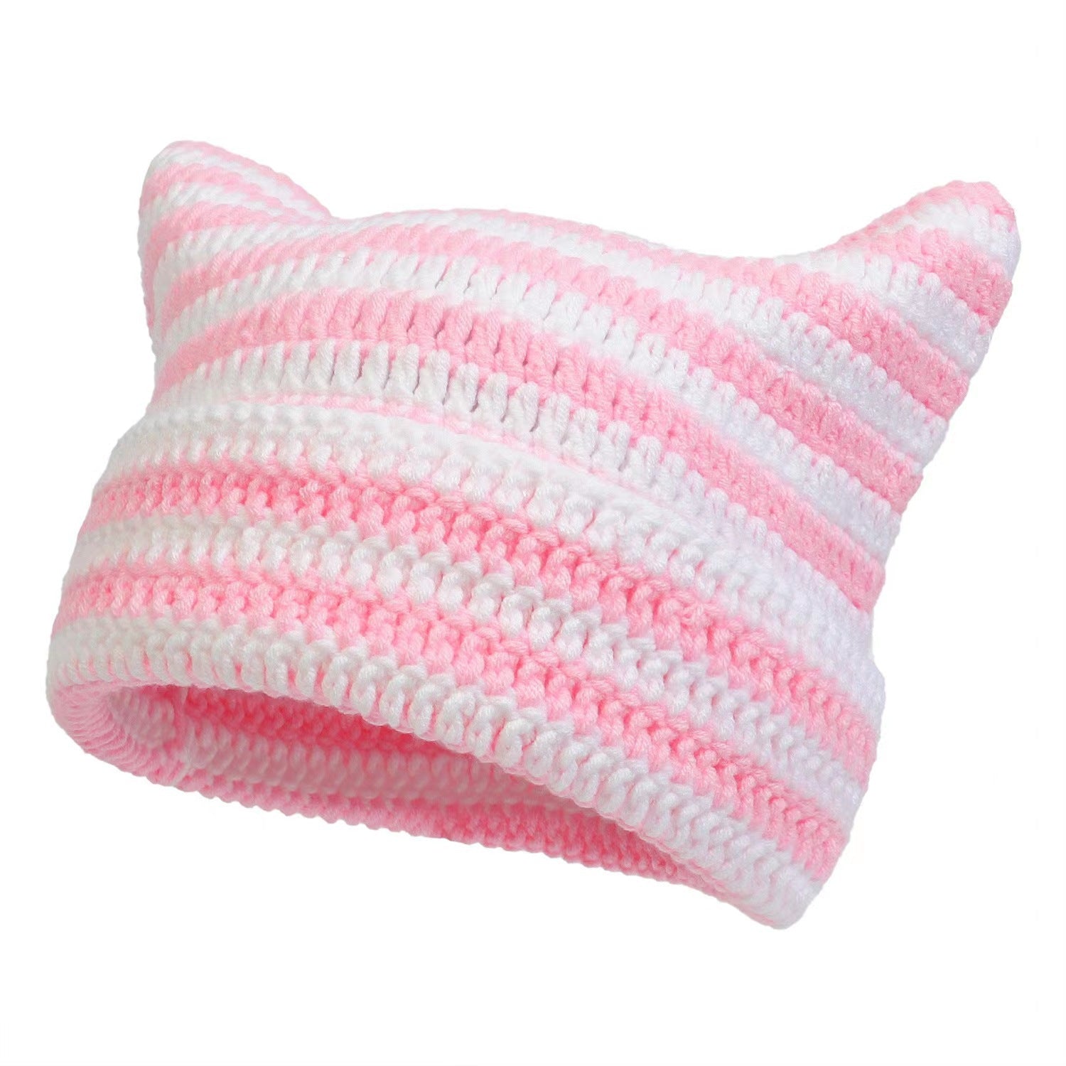 Women’s Hand Knitted Striped Cat Hat – Cute Warm Winter Beanie - FitiqueFit