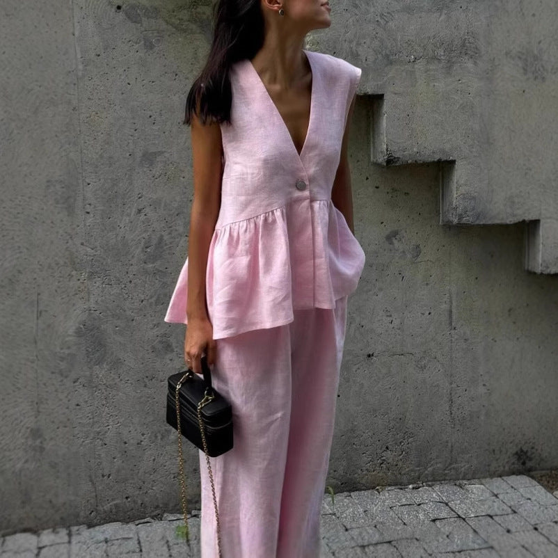 Womens Cotton V-Neck Sleeveless Vest And Wide-Leg Pants Set 