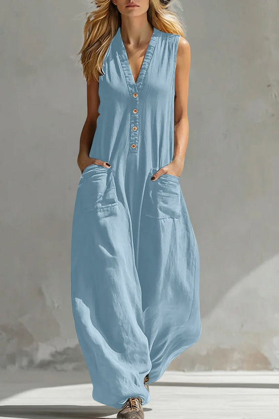 Womens Casual Linen-Cotton Sleeveless Jumpsuit With Two Pocket Straps 