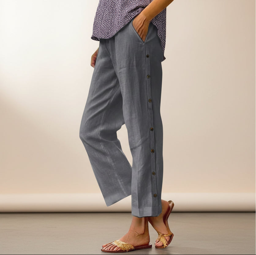 Cropped Pants With Decorative Buttons Along The Side Seams 