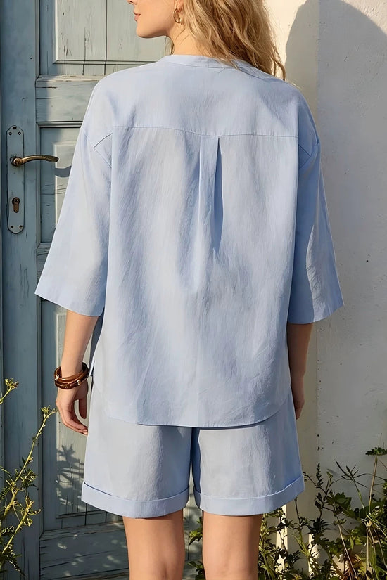 Womens V-neck Top And High-Waist Wide-Leg Shorts Set 