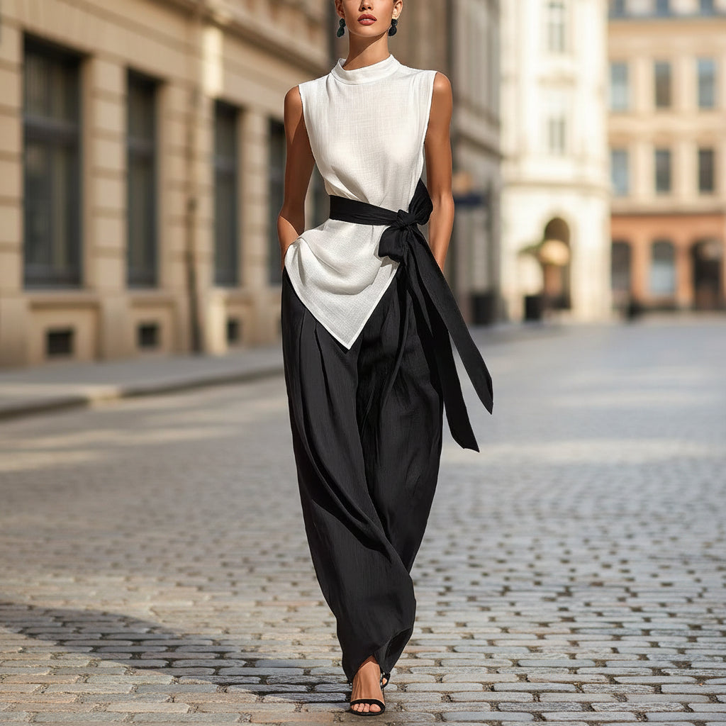 Two piece set of lace up sleeveless top and wide leg pants 