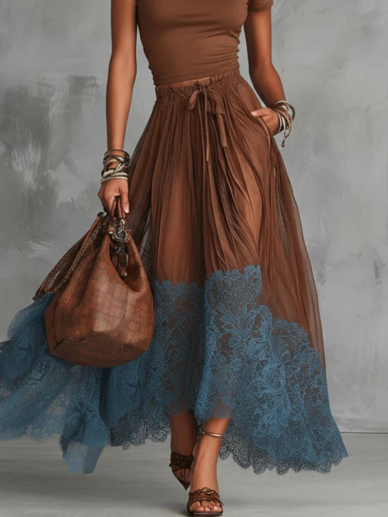 Short-sleeve Top And Lace-panel Midi Skirt Set 