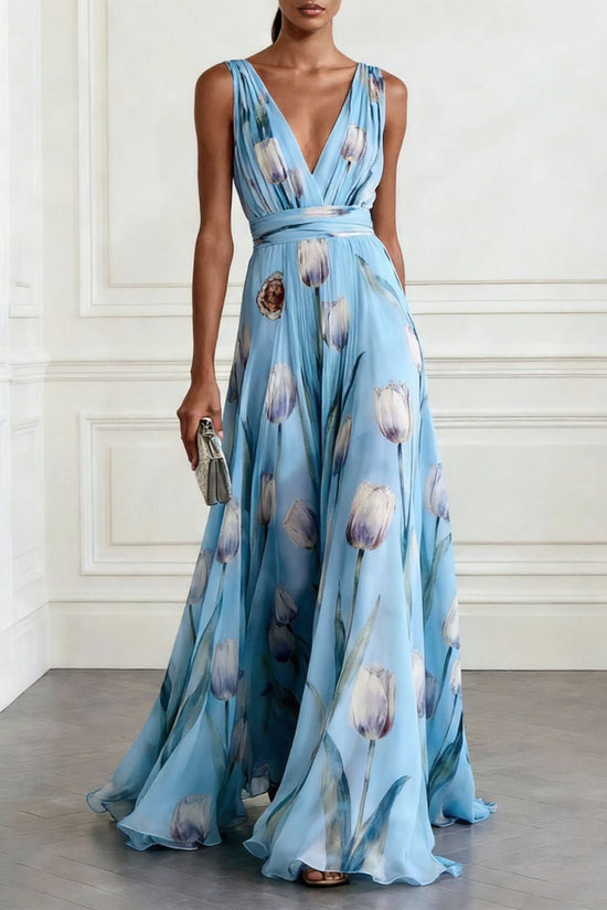 Tulip Print Evening Dress for Women Sleeveless V-Neck Long Dress 