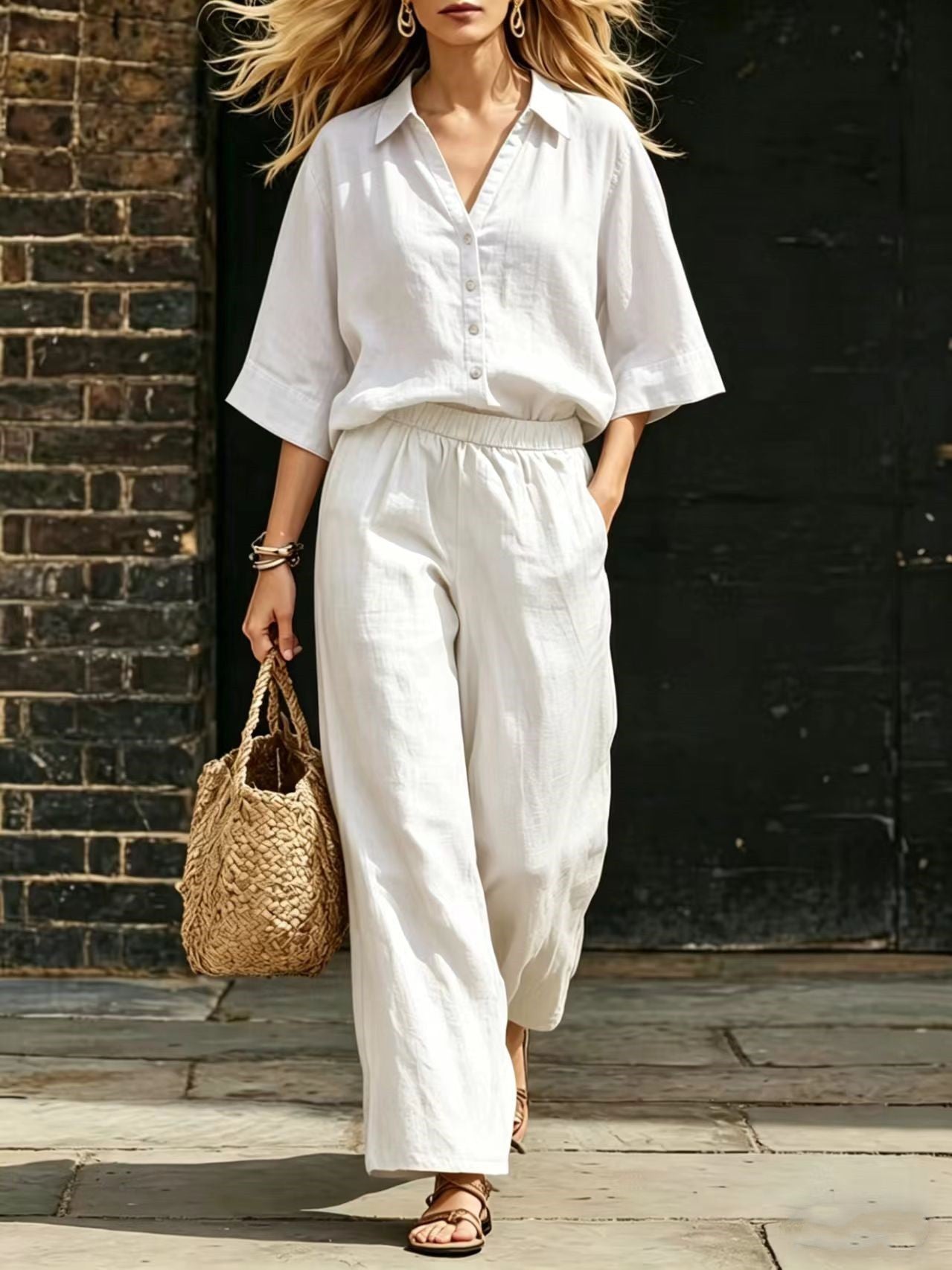 Womens Short-Sleeve Shirt And Loose Pants Two-Piece Set 