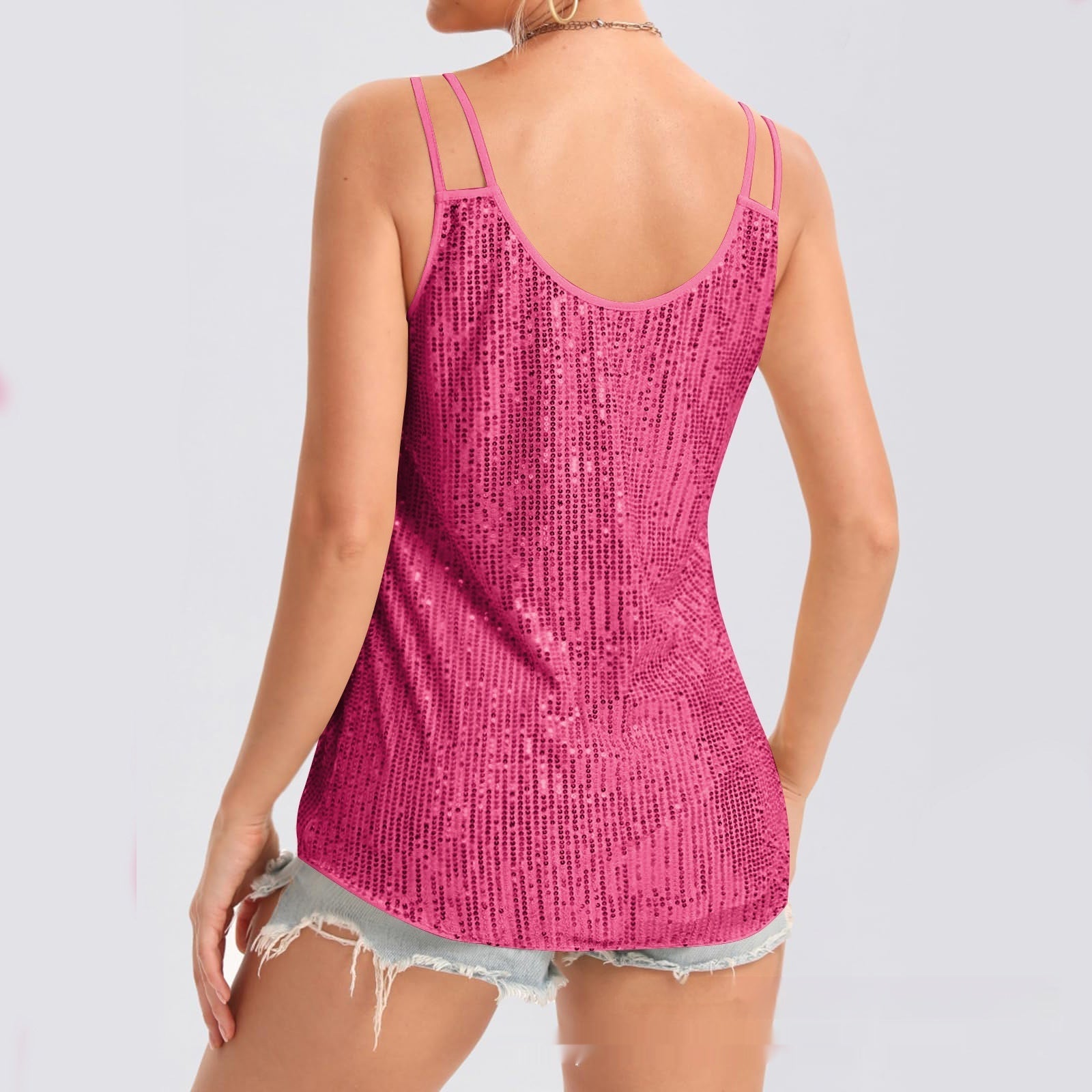 Sequin V-Neck Camisole – Rhinestone Strap Sparkly Top 