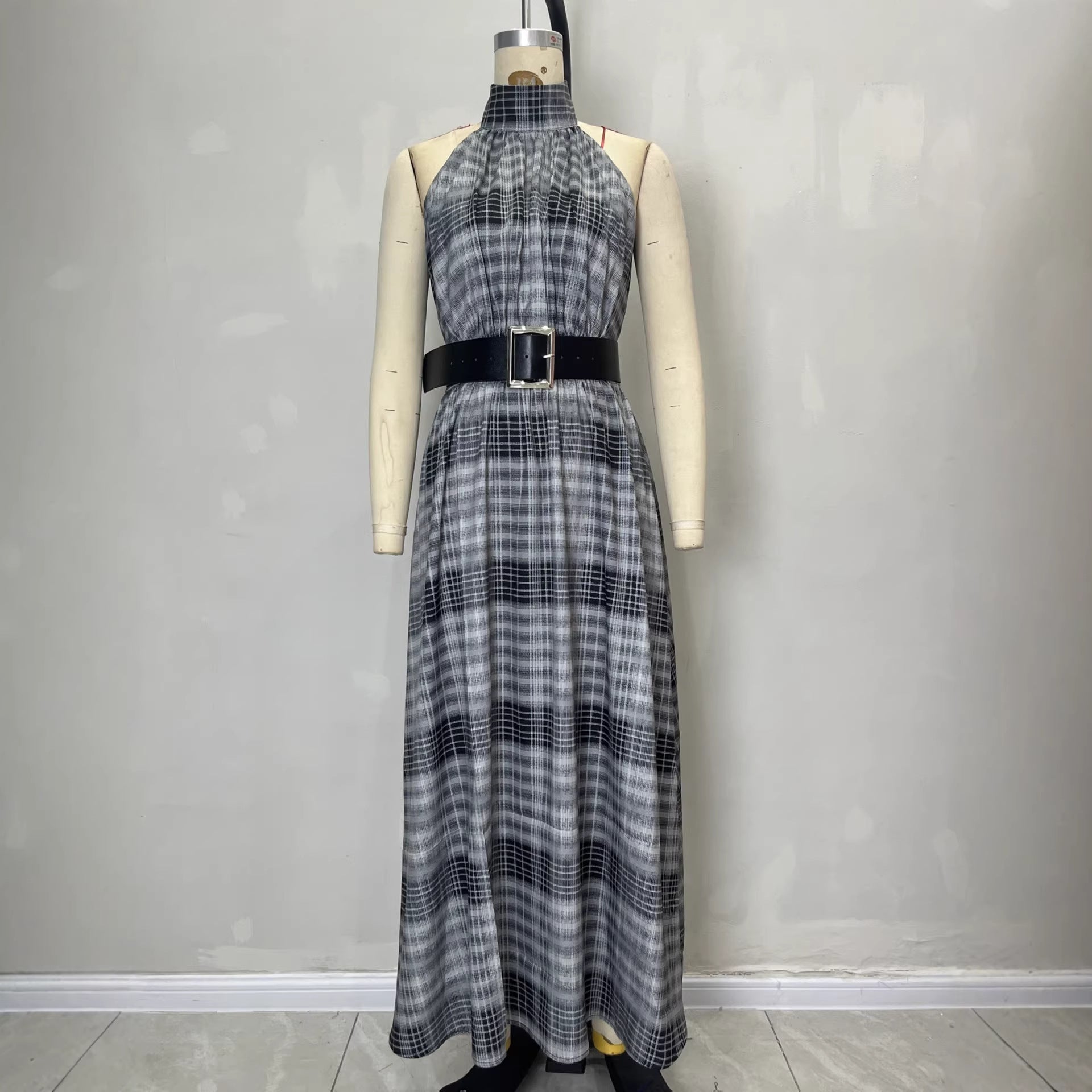 Sleeveless plaid high waisted lace up A-line long skirt 