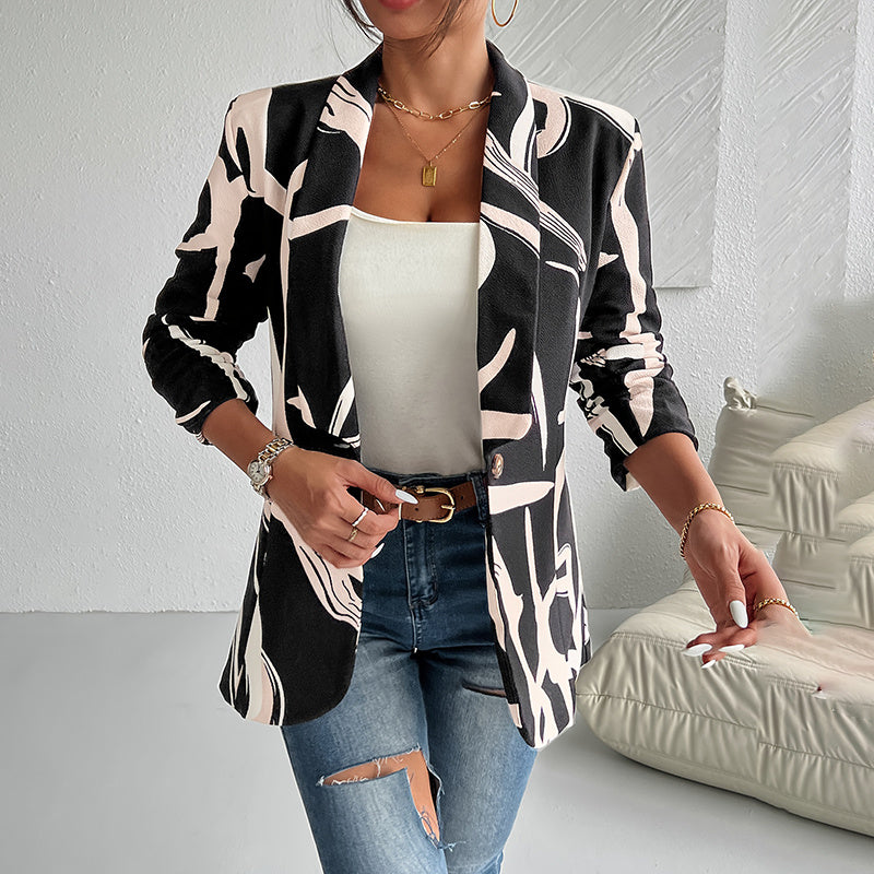 Women's Abstract Print Blazer Button Front Lapel Long Sleeve Office Blazer Elegant Work Jacket For Women CJ US