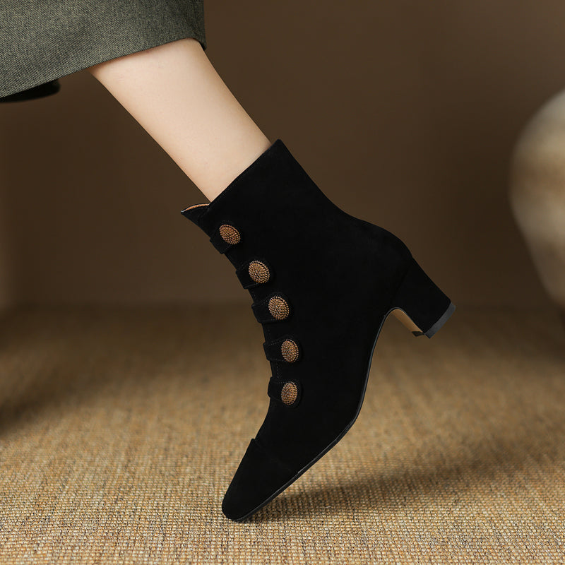 Retro High-heeled Ankle Boots For Women New Autumn Style Suede Round Toe Side Zipper Chunky Heel 