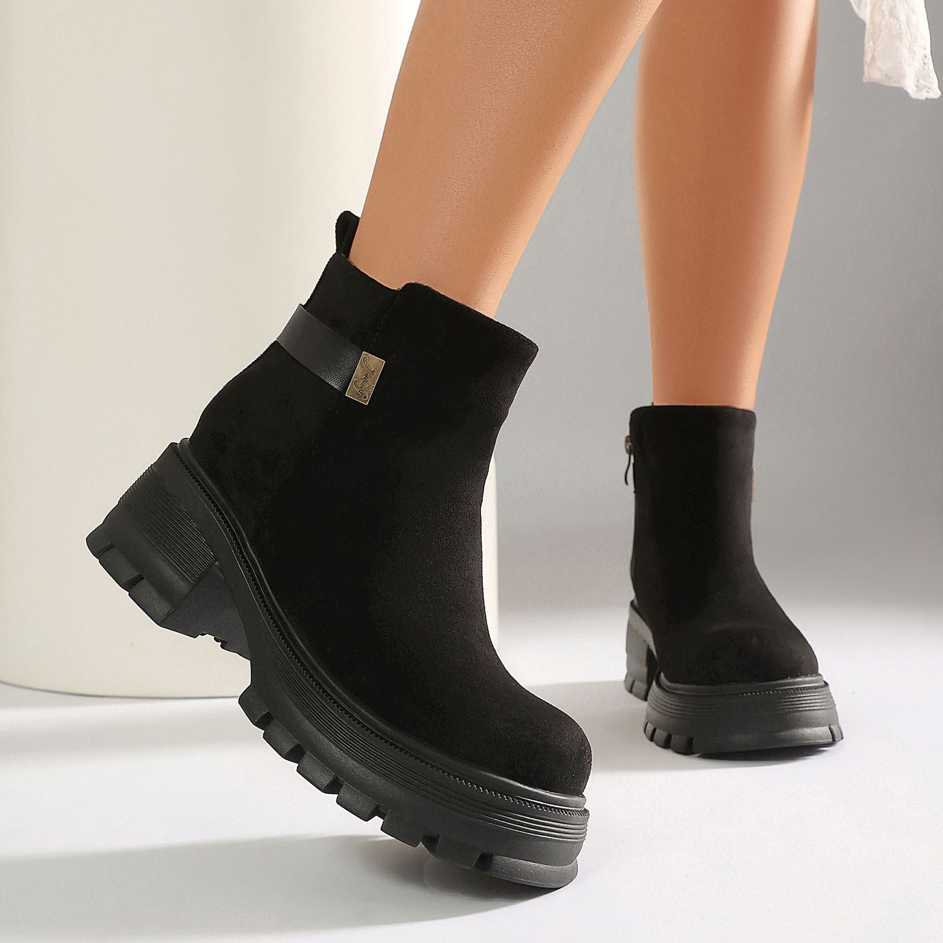 Autumn Winter High Heel Thick Sole 40-43 Large Size Side Zipper Suede Low Cuff Ankle Boots 