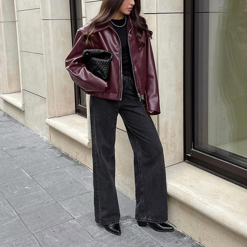 Vintage Style Women's Solid Color Faux Leather Jacket, Zip-Up Biker Jacket With Lapel Collar Casual Coat CJ US