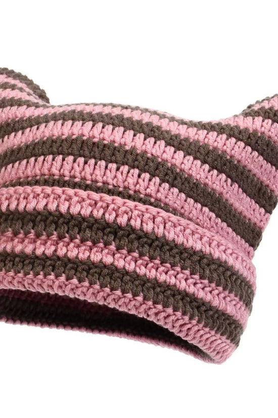 Women’s Hand Knitted Striped Cat Hat – Cute Warm Winter Beanie - FitiqueFit
