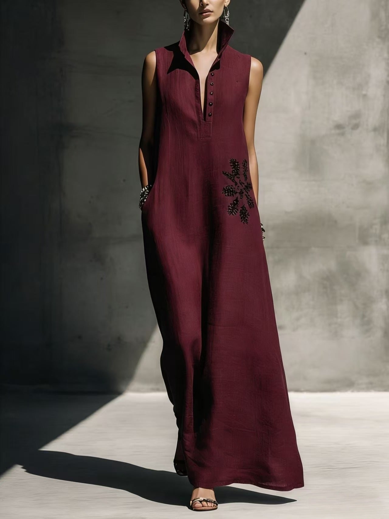 Heat-transfer Graphic Pocket Casual Mandarin-collar Cotton-linen Dress 