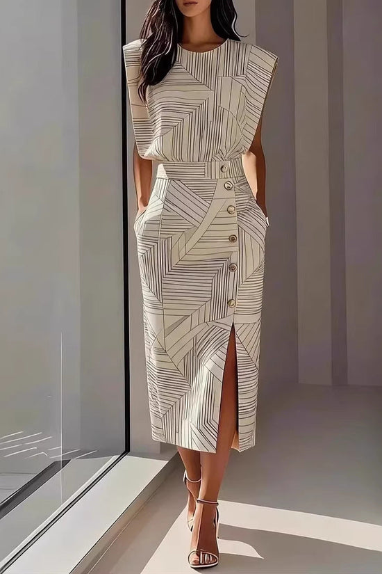 Fashion ampPrinted Sleeveless Top with Slit Long Dress Set 