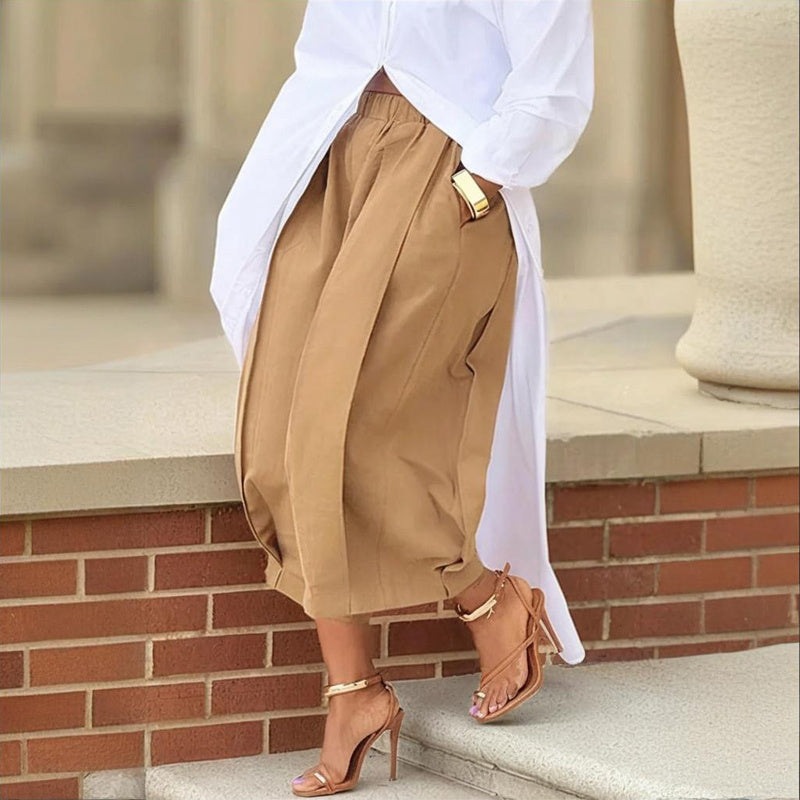 Women's Solid Color Cotton Wide Leg Cropped Pants With Pleats & Pockets - Spring Summer Fashion Comfortable Loose Trousers CJ US