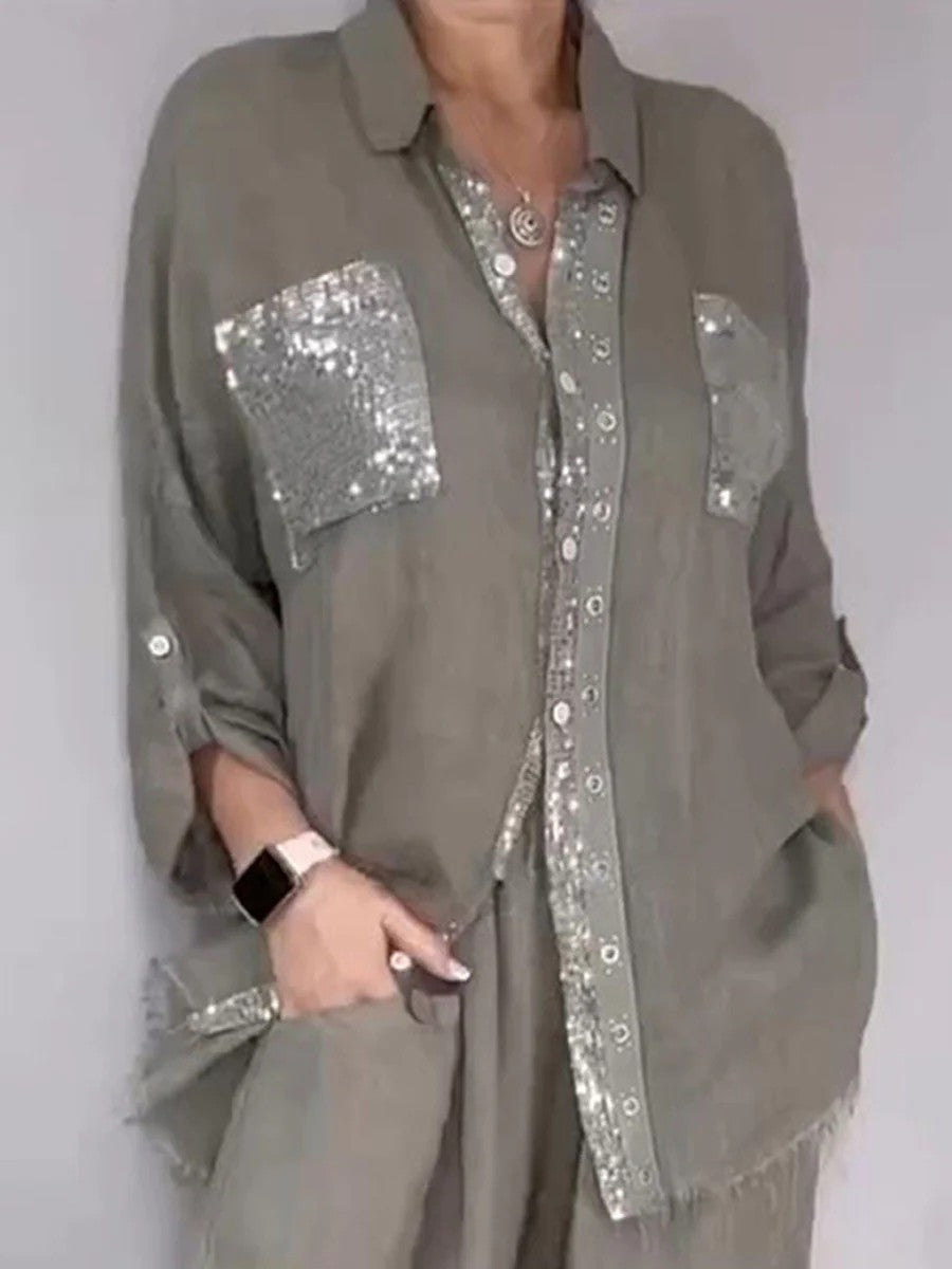 New Fashion Casual Women's Set with Pocket Placket and Gold Embellished Round Neck Design 