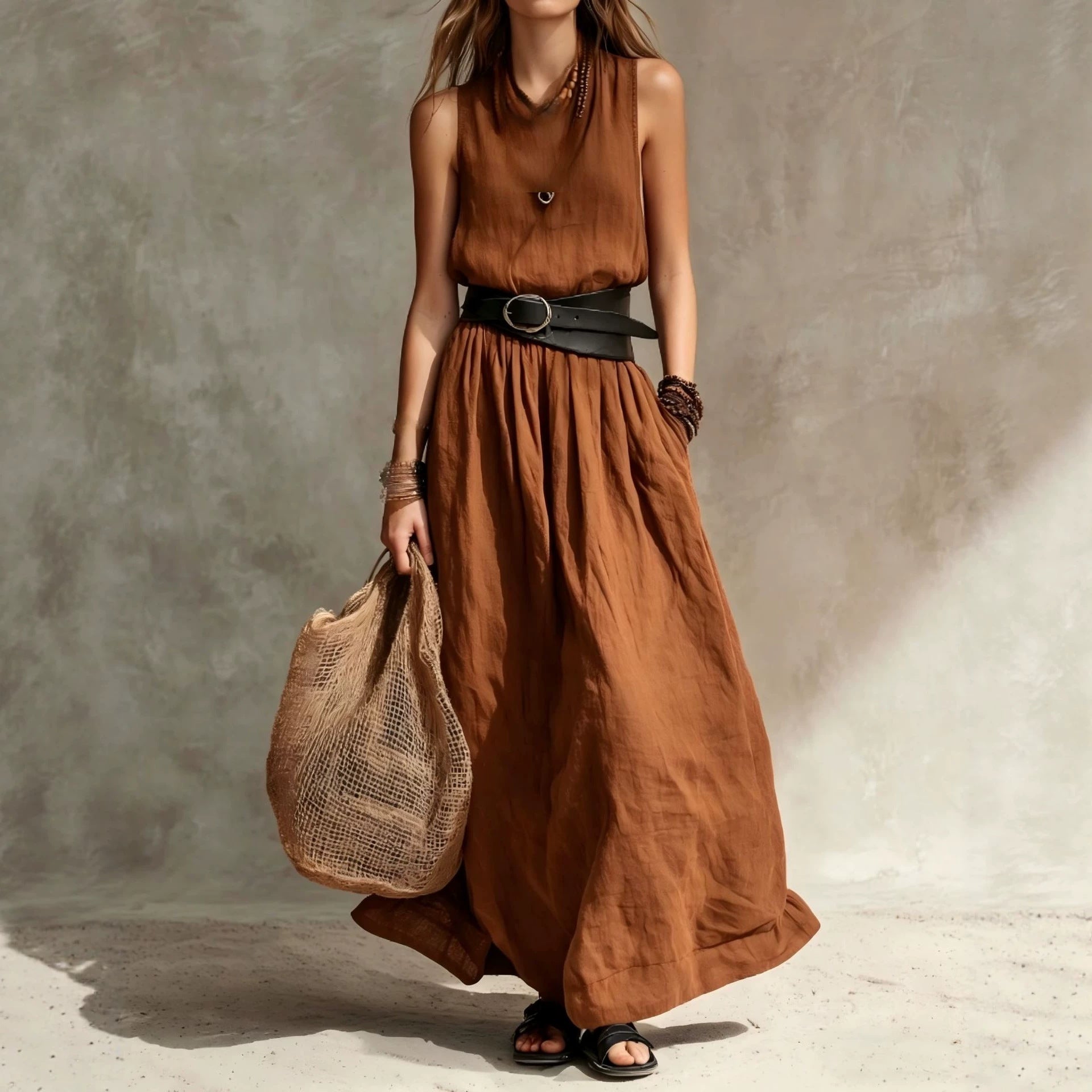 Turn-down Collar Long Sleeveless Dress 