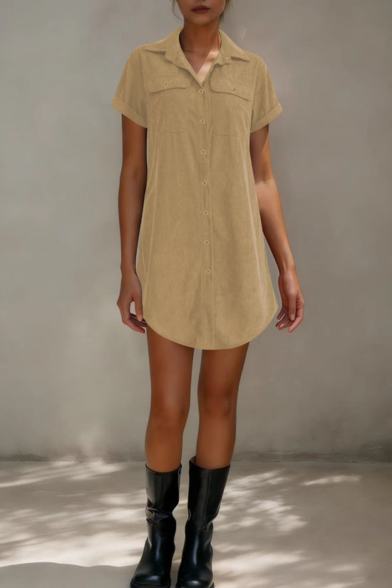 Retro Casual Corduroy Shirt Dress Loose Short-Sleeve Dress 