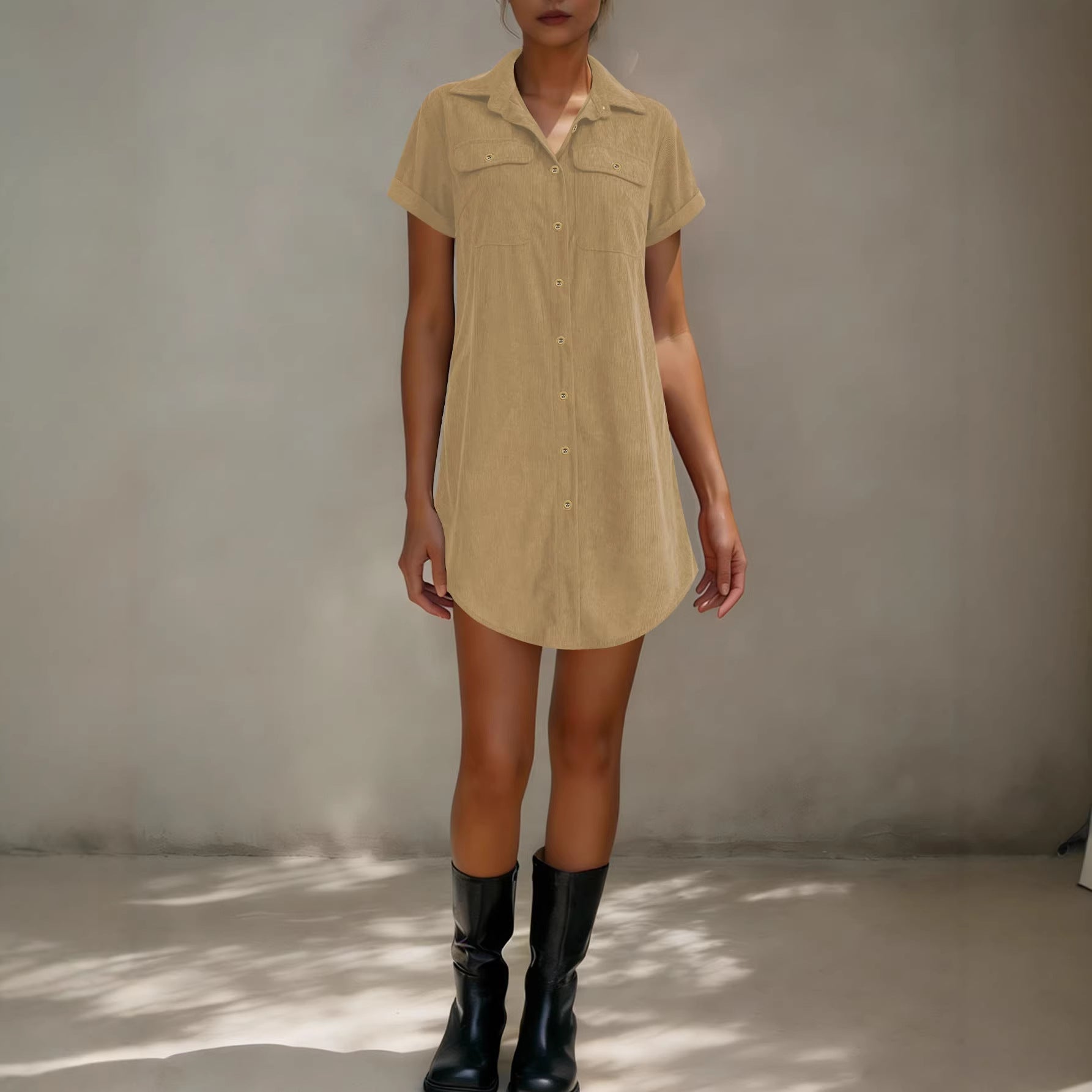 Retro Casual Corduroy Shirt Dress Loose Short-Sleeve Dress 