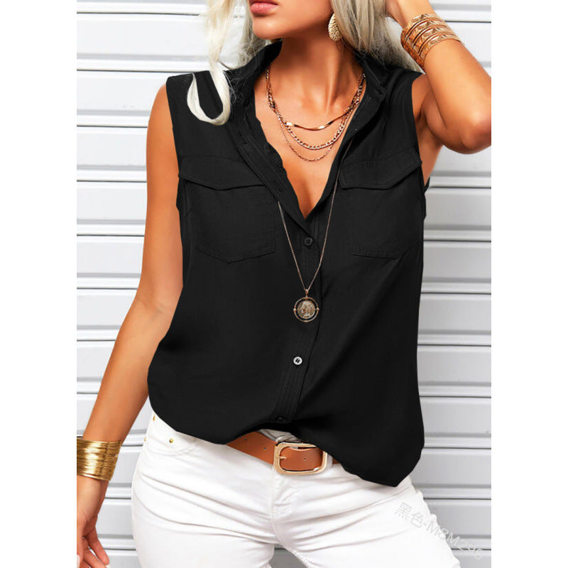Solid-color Lapel-collar Loose-fit Sleeveless Top With Pockets 