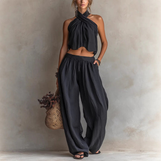 Womens Loose-Fit Sleeveless Top And Wide-Leg Pants Two-Piece Set 