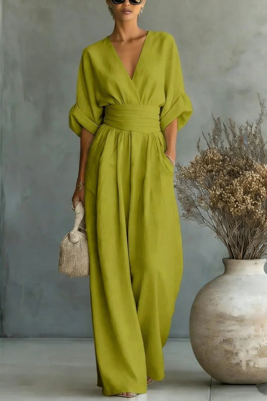 Summer Short-sleeved Jumpsuit Fashion Casual V-Neck Wide-Leg Pants Womens Clothing 