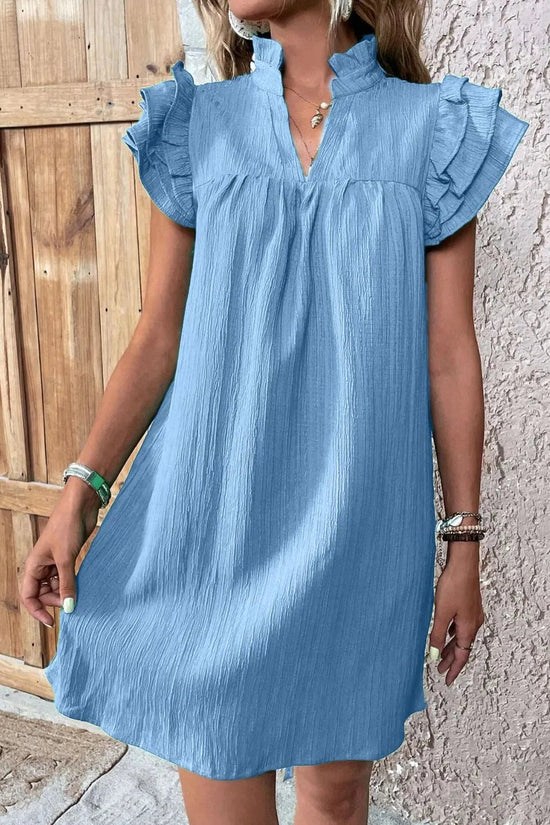 Ruffled Notched Cap Sleeve Mini Dress 
